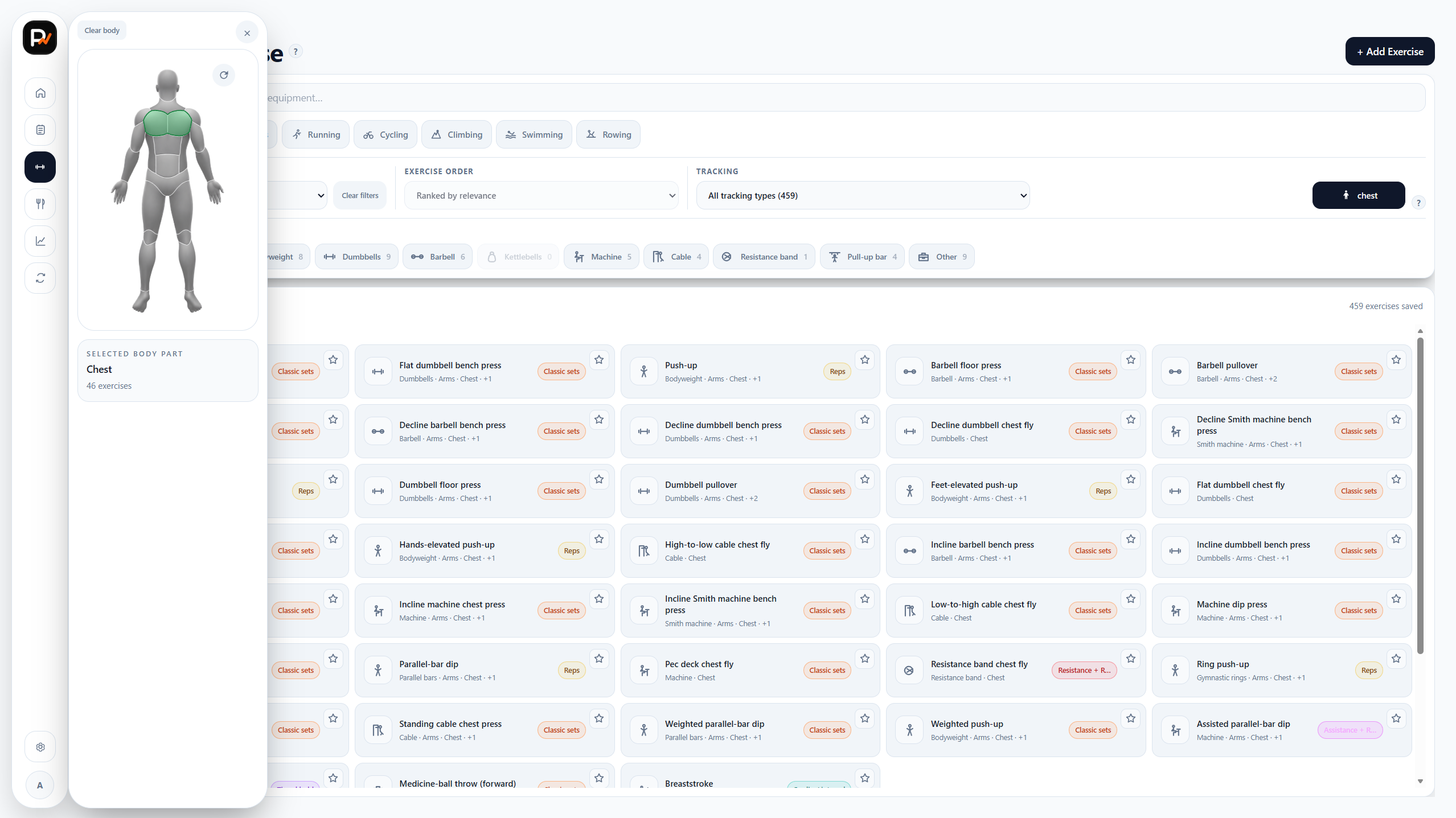 Exercise database with Chest selected on the body map