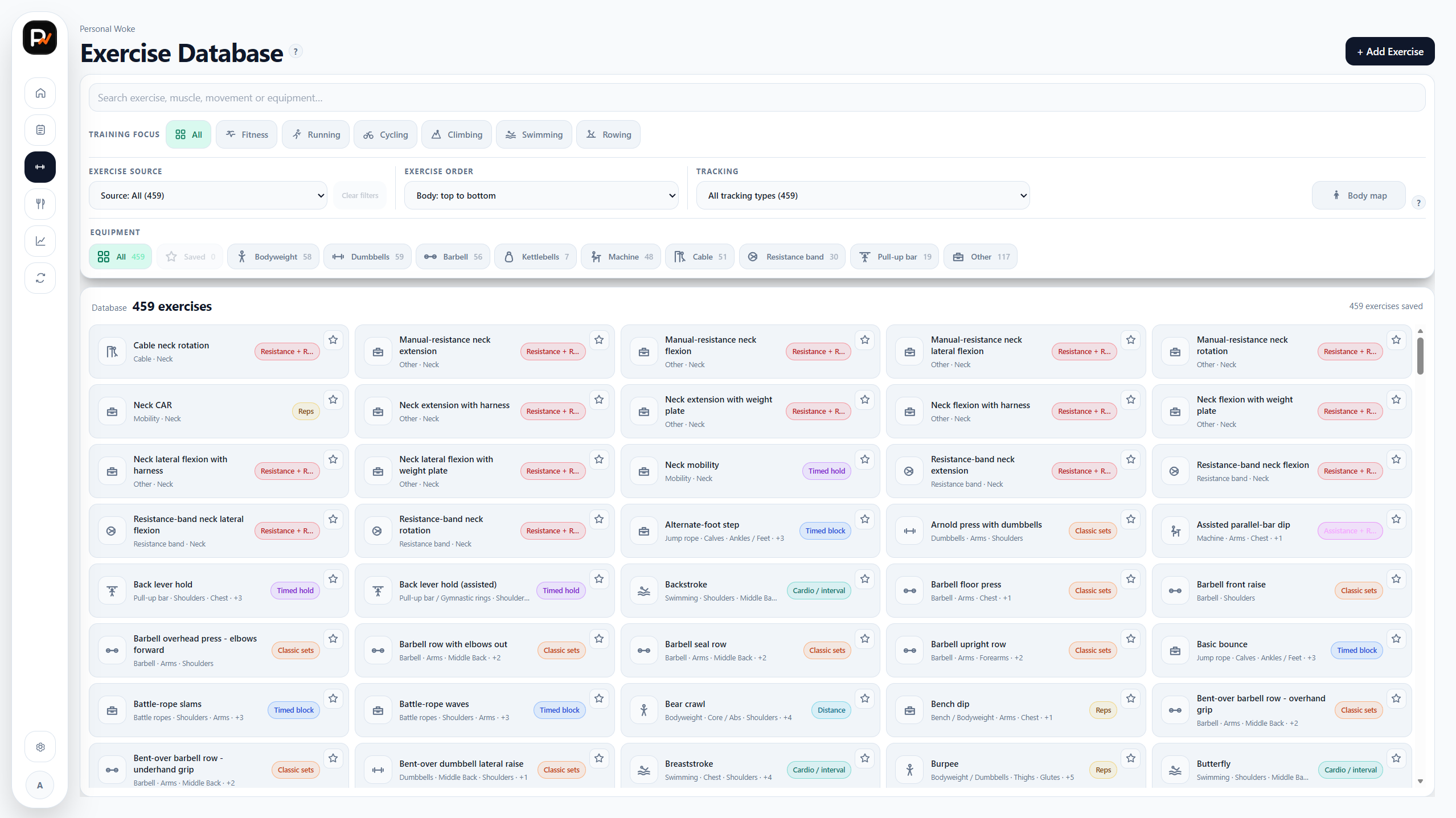 Exercise database with training focus, source, ordering, tracking and equipment filters